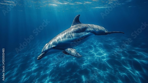 A deep-sea shot of a dolphin gracefully diving into the ocean abyss surrounded by a tranquil blue expanse. Generative AI