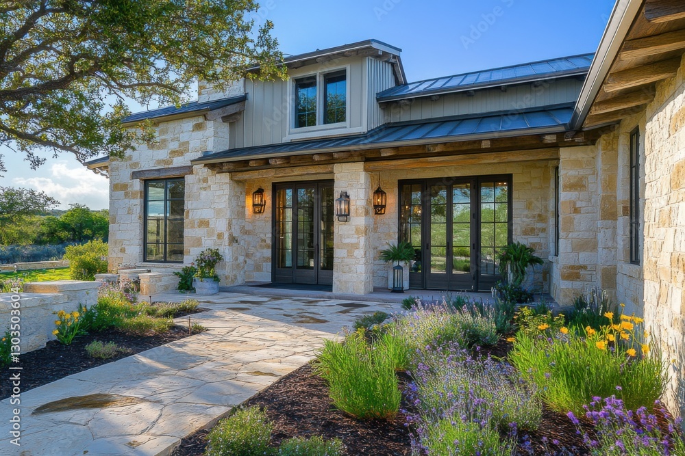 Fototapeta premium Elegant modern farmhouse exterior showcasing beautiful landscaping under a clear blue sky in a tranquil rural setting with vibrant flowers during golden hour