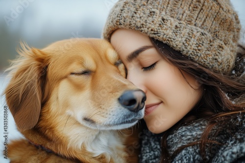 Winter Bonding Moment Between Girl and Golden Retriever in Snowy Landscape