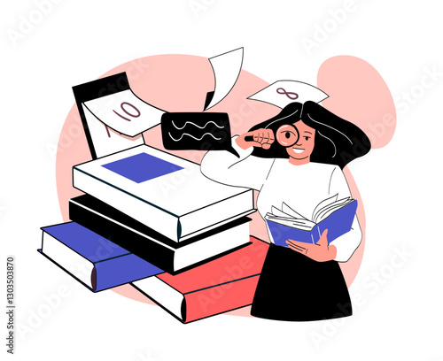 Woman checking books. Young girl with magnifying glass near stack of textbooks. Love for reading and literature. Student preparing for test or examination. Linear vector illustration