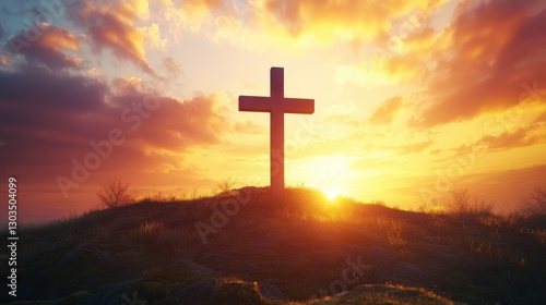 Shining cross on Calvary hill, sunrise, sunset sky background. Copy space. Ascension day concept. Christian Easter. Faith in Jesus Christ. Christianity. Church worship, salvation concept.