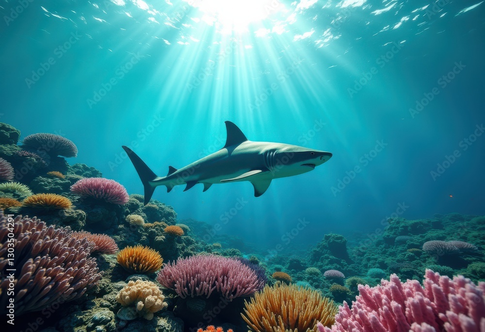 Fototapeta premium majestic shark fin rising from vibrant coral reef teeming colorful marine life, underwater, ocean, fish, tropical, species, ecosystem, habitat, aquatic