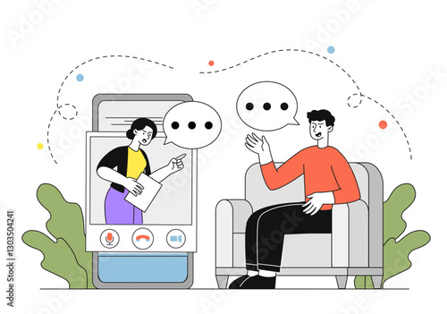 Couple quarrel online. Angry man and woman communicate on social networks. Video call and conference. Negative feelings and emotions. Scandal in family. Linear vector illustration