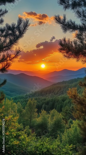Sunset View Over Mountains With Pine Trees in Foreground Captures Serene Land...