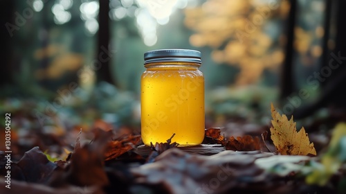 Honey Jar Resting on Fallen Leaves in a Forest During Autumn Afternoon