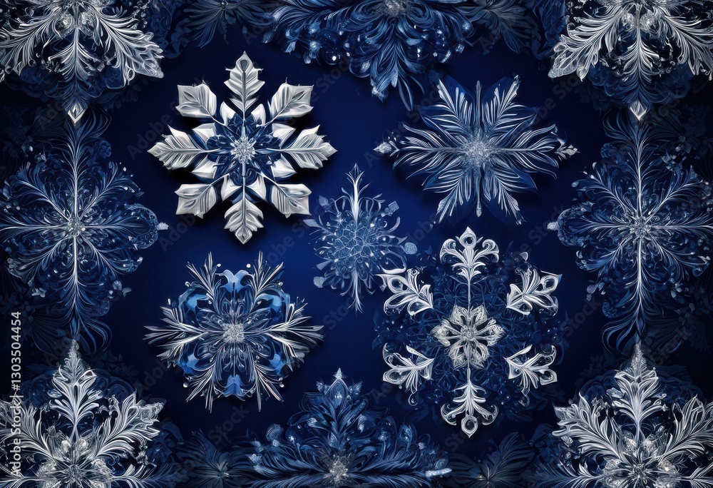 stunning intricate snowflake patterns artfully designed dark blue canvas featuring vivid details captivating visual elements, winter, decoration, nature stunning intricate snowflake patterns artfully designed dark blue canvas featuring vivid details captivating visual elements, winter, decoration, nature