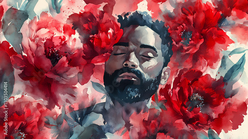 Fototapeta Naklejka Na Ścianę i Meble -  Abstract red peonies and foliage seamless pattern in watercolor with transparency background, watercolor floral textile design. Beauty - Portrait. Illustration