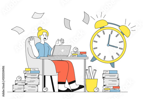 Woman with deadline pressure. Worker sits at laptop near stack of documents. Overworked employee at workplace. Poor time management and inefficient workflow. Linear vector illustration