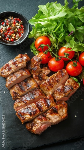 Grilled Steak Served With Fresh Tomatoes and Herbs on a Black Stone Platter