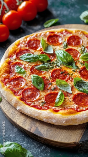 Mouthwatering Pepperoni Pizza Topped With Fresh Basil and Cherry Tomatoes on ...