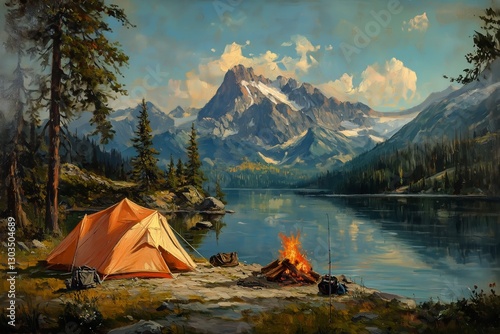 Camping Near a Tranquil Lake With Mountain Backdrop and Campfire During Sunset