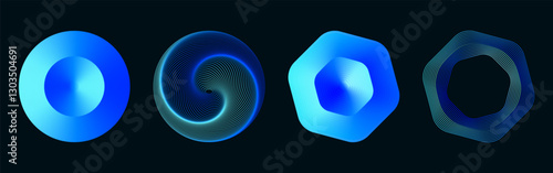 Blue neon hexagon and round circle elements in line art style and fill. Abstract gradient geometric 3d shapes