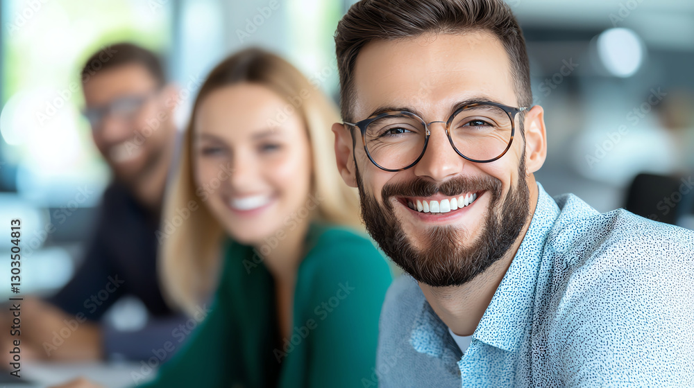 Smiling man with glasses in office setting, surrounded by diverse colleagues. atmosphere is friendly and collaborative, showcasing teamwork and inclusivity Smiling man with glasses in office setting, surrounded by diverse colleagues. atmosphere is friendly and collaborative, showcasing teamwork and inclusivity