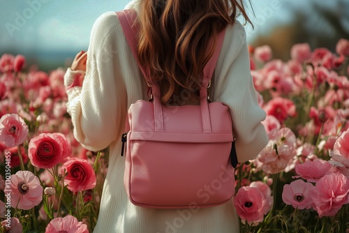 Woman With Pink Bag Surrounded by Blooming Flowers in a Sunny Field During Sp...