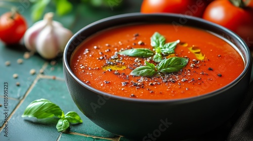 Delicious Tomato Soup Garnished With Basil and Spices in a Rustic Kitchen Set...