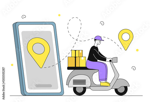 Fast delivery concept. Man at scooter with cardboard boxes near smartphone. Shipping and transportation, delivery. Express order delivery. Linear vector illustration