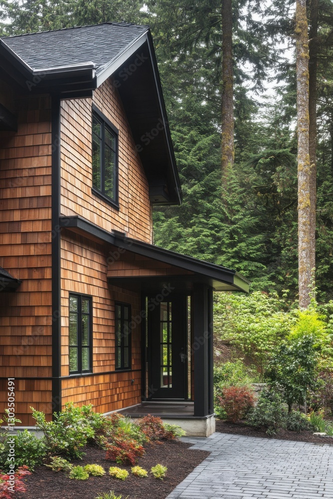 Modern wooden house nestled in a tranquil forest setting with lush greenery and a picturesque pathway leading to the entrance Modern wooden house nestled in a tranquil forest setting with lush greenery and a picturesque pathway leading to the entrance
