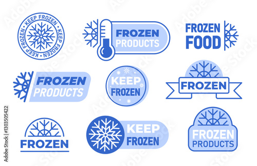 Frozen labels set. Thermometers, snowflakes and text. Tags for products. Stamp for packaging. Logistics and transportation, shipping. Flat vector collection
