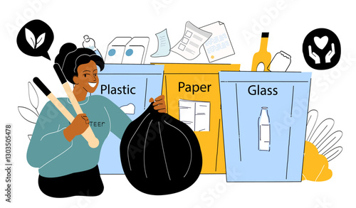 Woman sorting garbage. Young girl near trashcans for plastic, glass and paper. Recycling and reuse. Sustainable and zero waste lifestyle. Care about ecology. Linear vector illustration