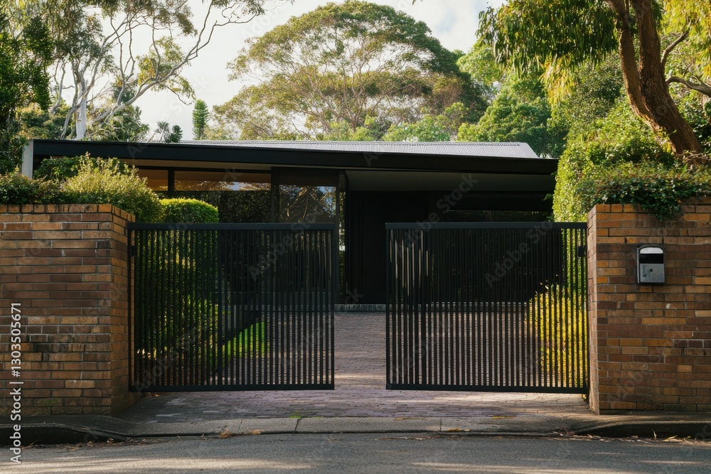 Modern architectural design highlights a sleek black house surrounded by greenery in a tranquil neighborhood during daylight hours Modern architectural design highlights a sleek black house surrounded by greenery in a tranquil neighborhood during daylight hours