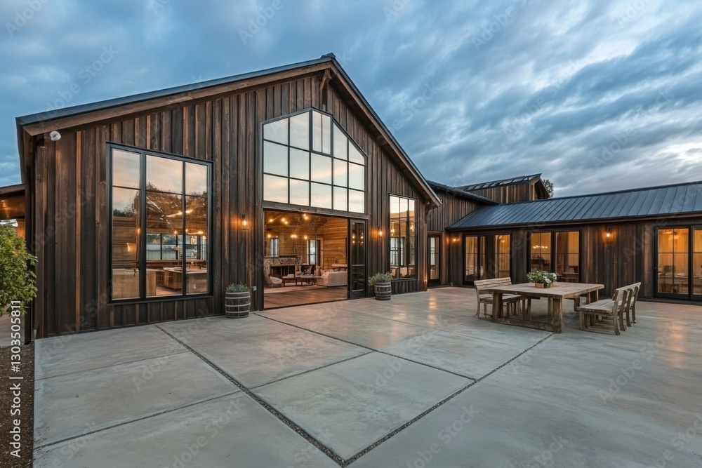 The modern farmhouse exterior features large, expansive windows that beautifully reflect the evening light, complemented by a cozy outdoor seating area. The modern farmhouse exterior features large, expansive windows that beautifully reflect the evening light, complemented by a cozy outdoor seating area.