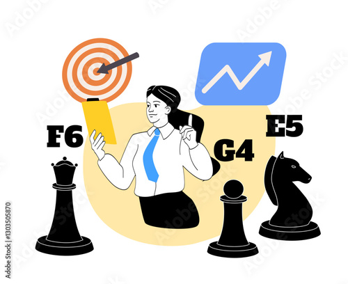 Businesswoman makes strategy. Woman near chess pieces. Planning and goal setting. Entrepreneur setting tasks. Leadership and motivation, success. Linear vector illustration