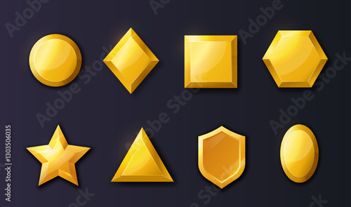 Golden objects set. Gold geometric figures, hexagon, star, square and triangle. Buttons for mobile app or program menu. Isometric vector collection