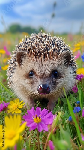Cute Hedgehog Among Vibrant Flowers Enjoys a Sunny Day Outdoors in a Colorful...