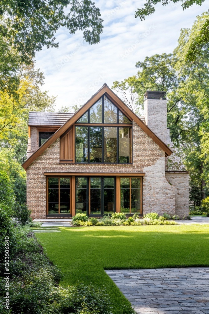 Modern architectural design showcases a stunning house surrounded by lush greenery on a sunny day with clear skies and a tranquil atmosphere Modern architectural design showcases a stunning house surrounded by lush greenery on a sunny day with clear skies and a tranquil atmosphere