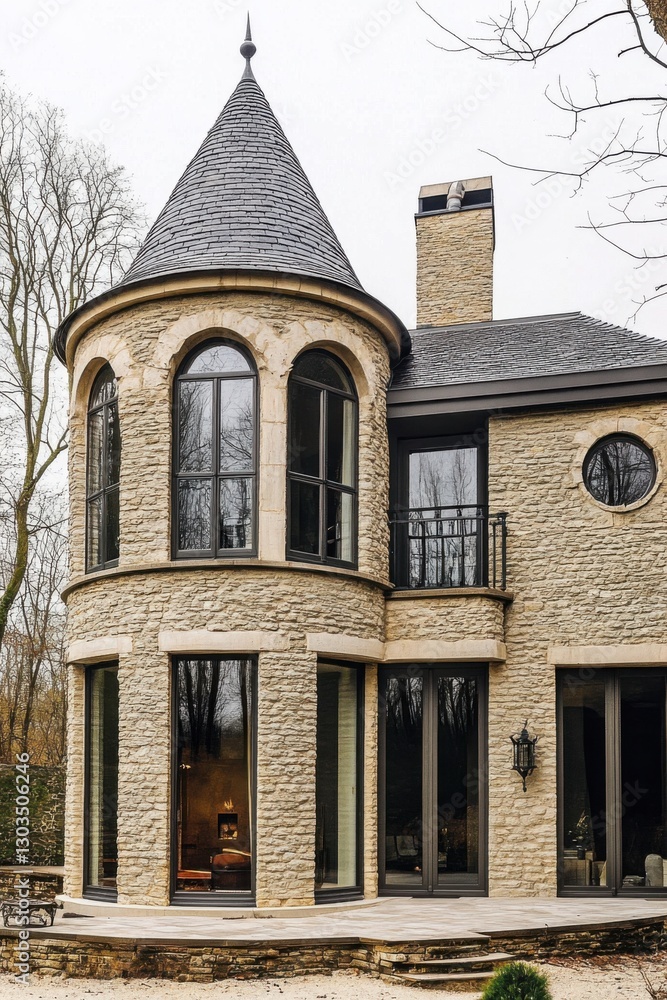 An elegant stone house featuring a charming turret and expansive windows is peacefully situated in a tranquil wooded area, enveloped by overcast skies An elegant stone house featuring a charming turret and expansive windows is peacefully situated in a tranquil wooded area, enveloped by overcast skies