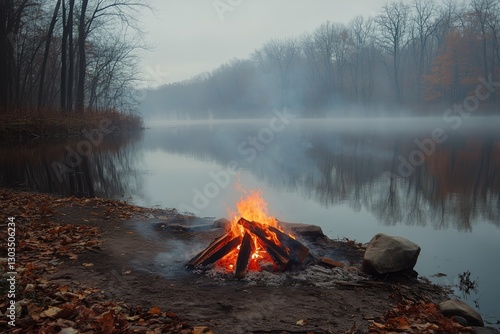 Campfire Warmth in Serene Forest at Twilight, Enjoying Natures Tranquility an...