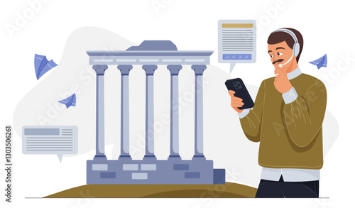 Museum guide concept. Man with smartphone in headset stands near marble columns. Smart assistant and assistant. Visitor at museum, exhibition or gallery. Flat vector illustration