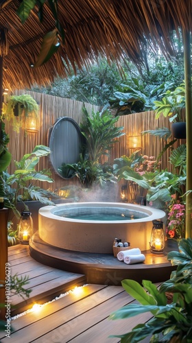 Serene Outdoor Shower Space Surrounded by Lush Greenery at Dusk With Decorati...