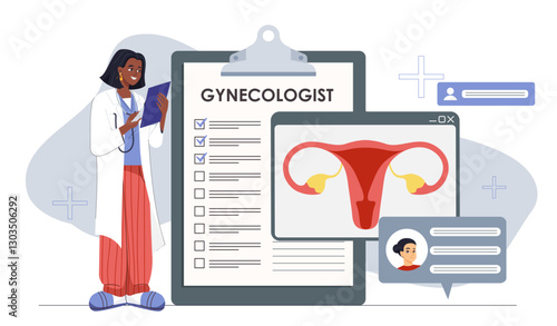 Gynecologist woman concept. Young girl in medical uniform near female reproductive system structure. Reproduction, ovulation and fertility. Anatomy and biology. Flat vector illustration