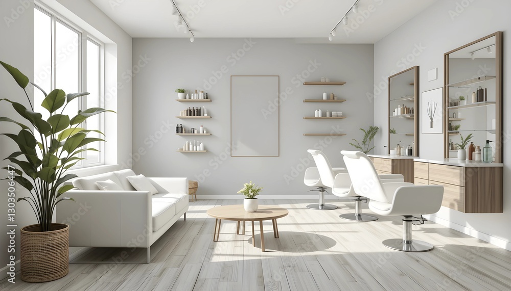 Fototapeta premium Minimalist Hair Salon with Modular Sofa and Rectangular Mirrors