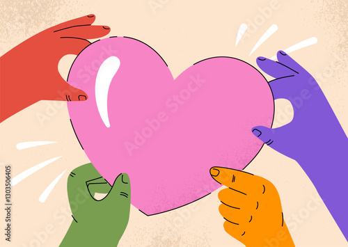 Hands holding heart. Green, red, yellow and blue hands holding pink heart. Metaphor of volunteering, support and aid. Generosity and kindness, donations. Linear vector illustration