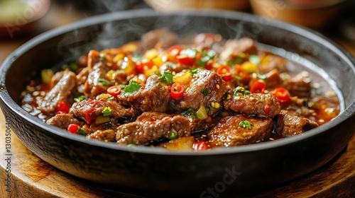 Sizzling Beef Stir Fry With Colorful Vegetables and Herbs on a Black Skillet