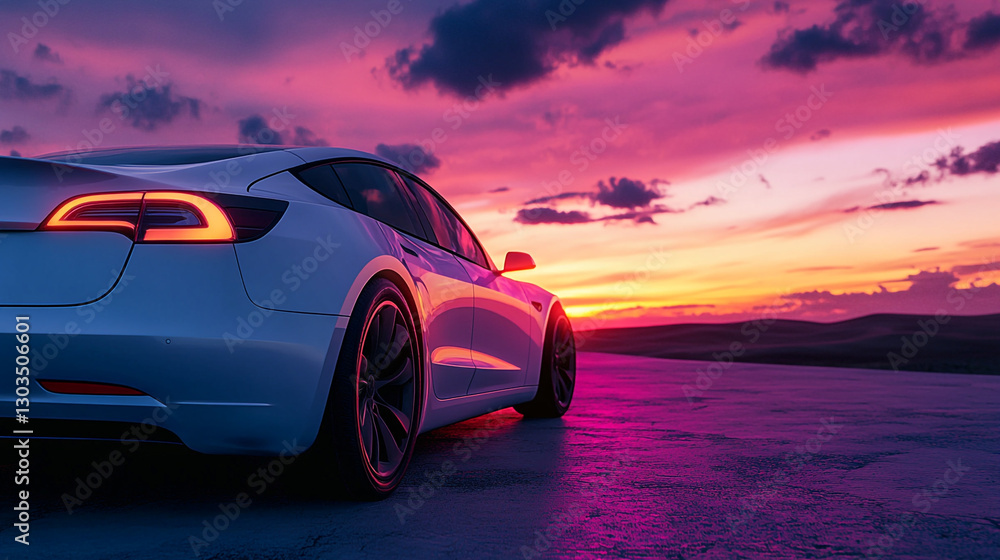 Sunset Sky with Supercar on the Beach car in the night. Generative AI Sunset Sky with Supercar on the Beach car in the night. Generative AI