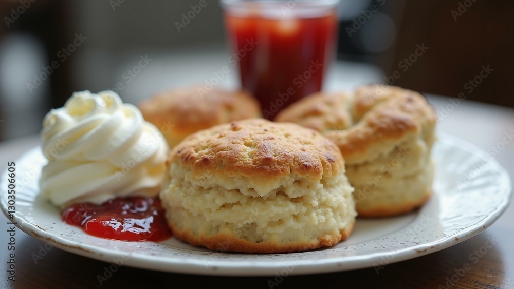 A delicious plate of warm scones with a flaky texture and rich buttery flavor, accompanied by clotted cream and sweet jam., ultra detailed, 8k resolution, HDR, professional A delicious plate of warm scones with a flaky texture and rich buttery flavor, accompanied by clotted cream and sweet jam., ultra detailed, 8k resolution, HDR, professional