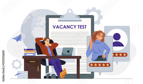 Human resources worker. Man evaluates candidates for vacancy. HR manager analyze employee resumes. Ranking and rating. Headhunter and recruiter. Flat vector illustration