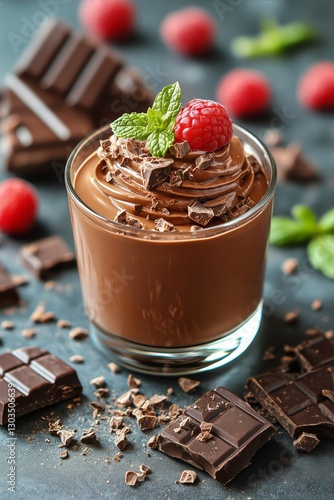 Delicious Chocolate Mousse Dessert Topped With Whipped Cream and Raspberries