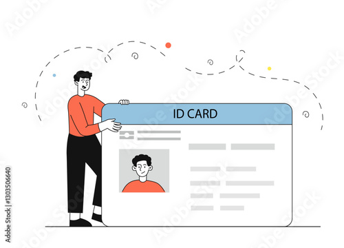 Man with ID card. Young guy with huge documents. Teenager with driver license. Personal identification and authentication. Person with passport. Linear vector illustration