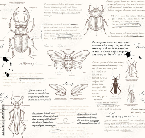 Insects retro pattern. Repeating design element for printing on fabric. Template for tablecloth and clothes. Educational materials and infographics. Linear vector illustration