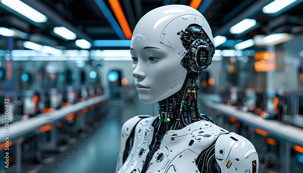 Fototapeta premium Advanced Humanoid Robot with Exposed Cybernetic Components in Futuristic Laboratory