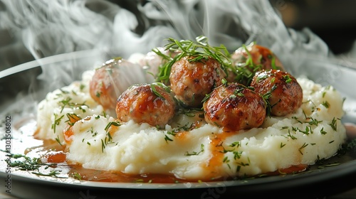 Delicious Meatballs Served on Creamy Mashed Potatoes With Fresh Herbs and Gar...