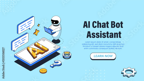 Isometric AI chat poster. Bot near smartphone. Artificial intelligence and machine learning. Automation of answers to user questions. Landing page design. Linear vector illustration
