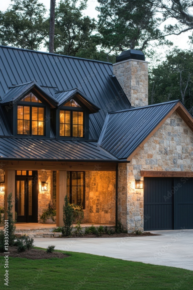 Nestled in a serene environment, this enchanting stone house beautifully blends modern and rustic design elements, radiating a warm glow at dusk Nestled in a serene environment, this enchanting stone house beautifully blends modern and rustic design elements, radiating a warm glow at dusk
