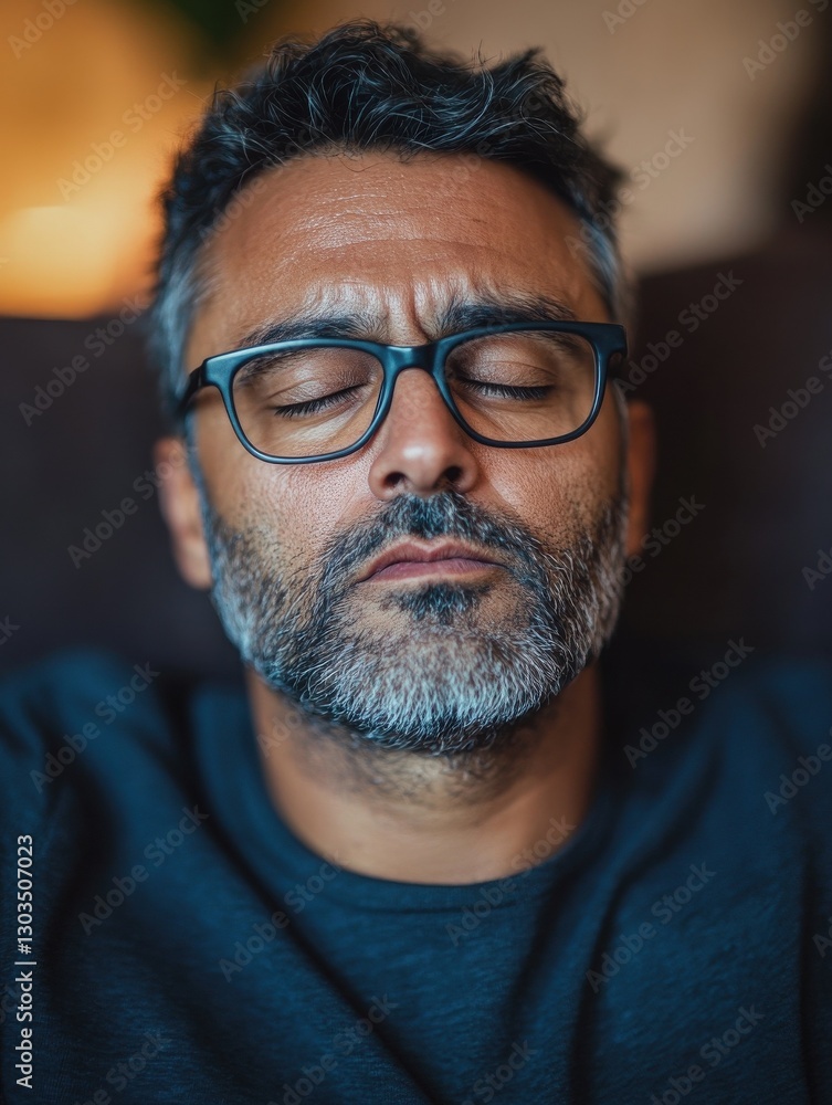 Frustrated middle aged man sitting on couch at home. Close up face of stressed indian businessman wearing eyeglasses with eyes closed. Overworked middle eastern business man with terrible migraine. Frustrated middle aged man sitting on couch at home. Close up face of stressed indian businessman wearing eyeglasses with eyes closed. Overworked middle eastern business man with terrible migraine.