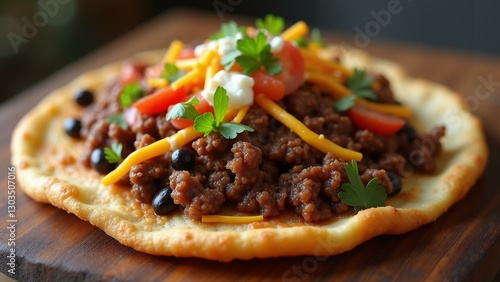   A vibrant Native American frybread taco, featuring a crispy flatbread adorned with ground beef, beans, cheese, and colorful vegetables., ultra detailed, 8k resolution, HDR, professional