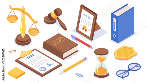 Law isometric set. Judge gavel, scales, laws, diploma and contract. Legal support and defending. Lawyer and notary, advocacy. Isometric vector collection